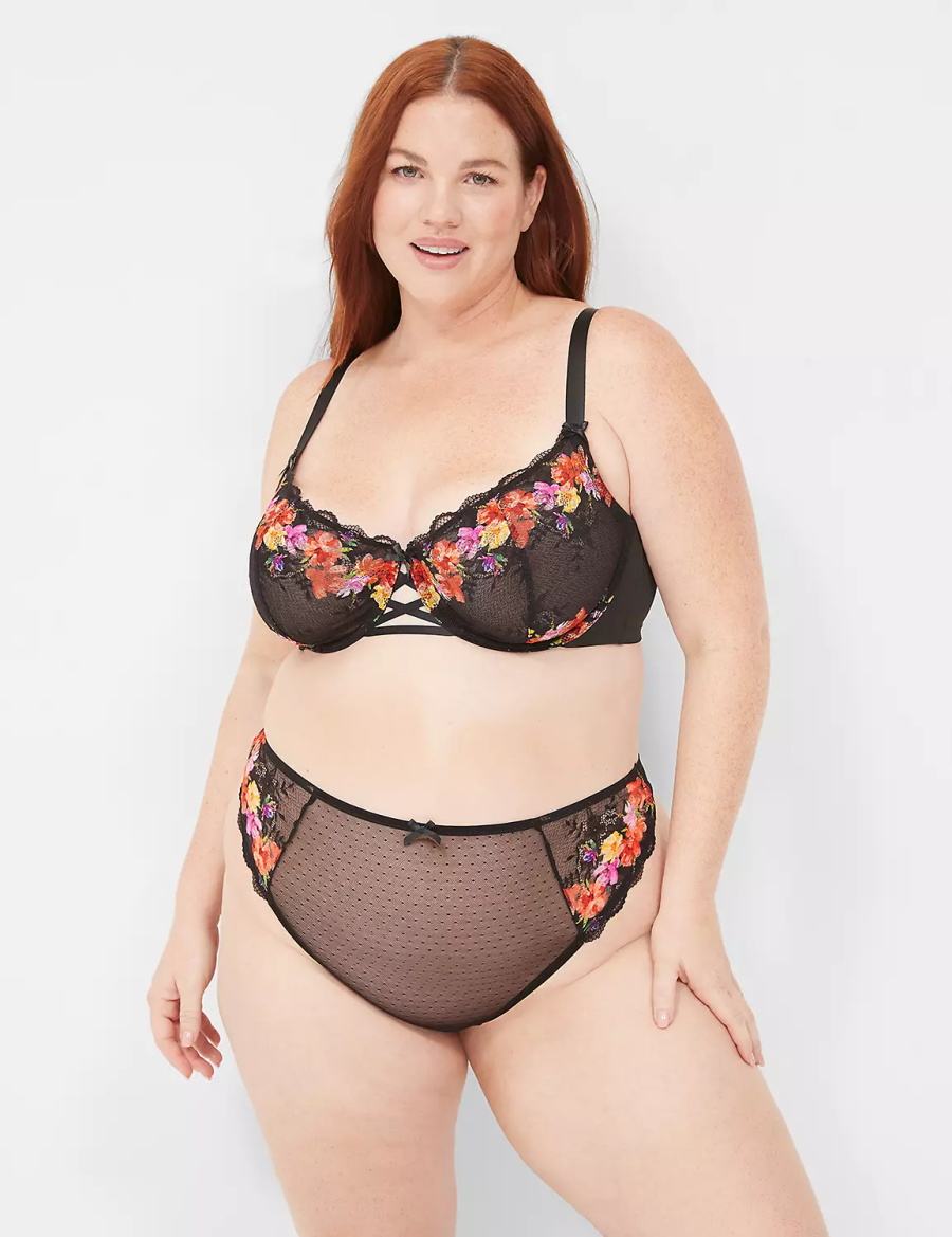 Lane Bryant Digital Print Lace High-Leg String Panty Dames Zwart | SAT3437DX